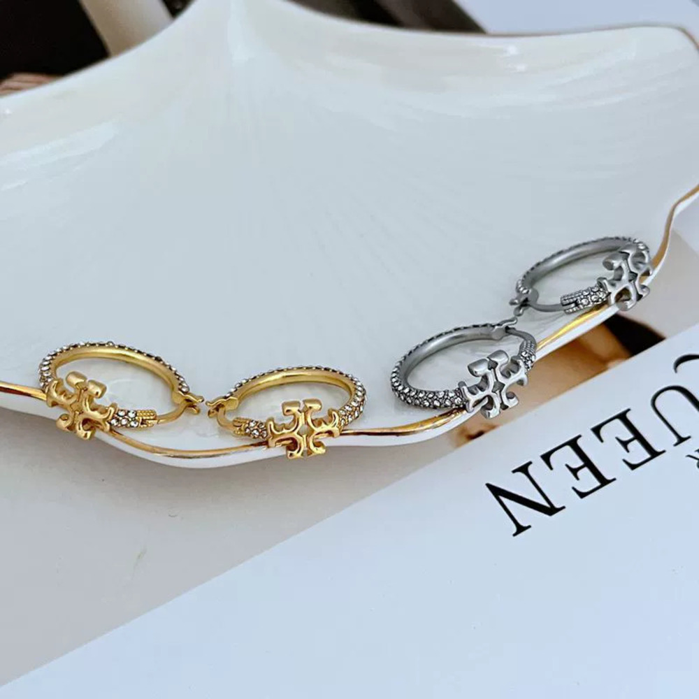 Tory Burch Rhinestone Letter Metal Earrings